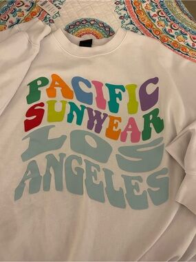 PacSun White Crewneck Sweatshirt with Multi-Color Retro Logo